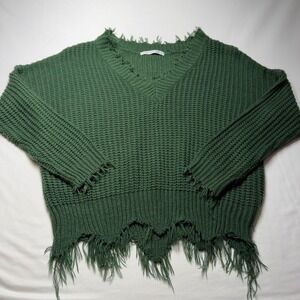 Altar'd State Womens Forest Green Distressed Fringe V-Neck Chunky Knit Sweater M